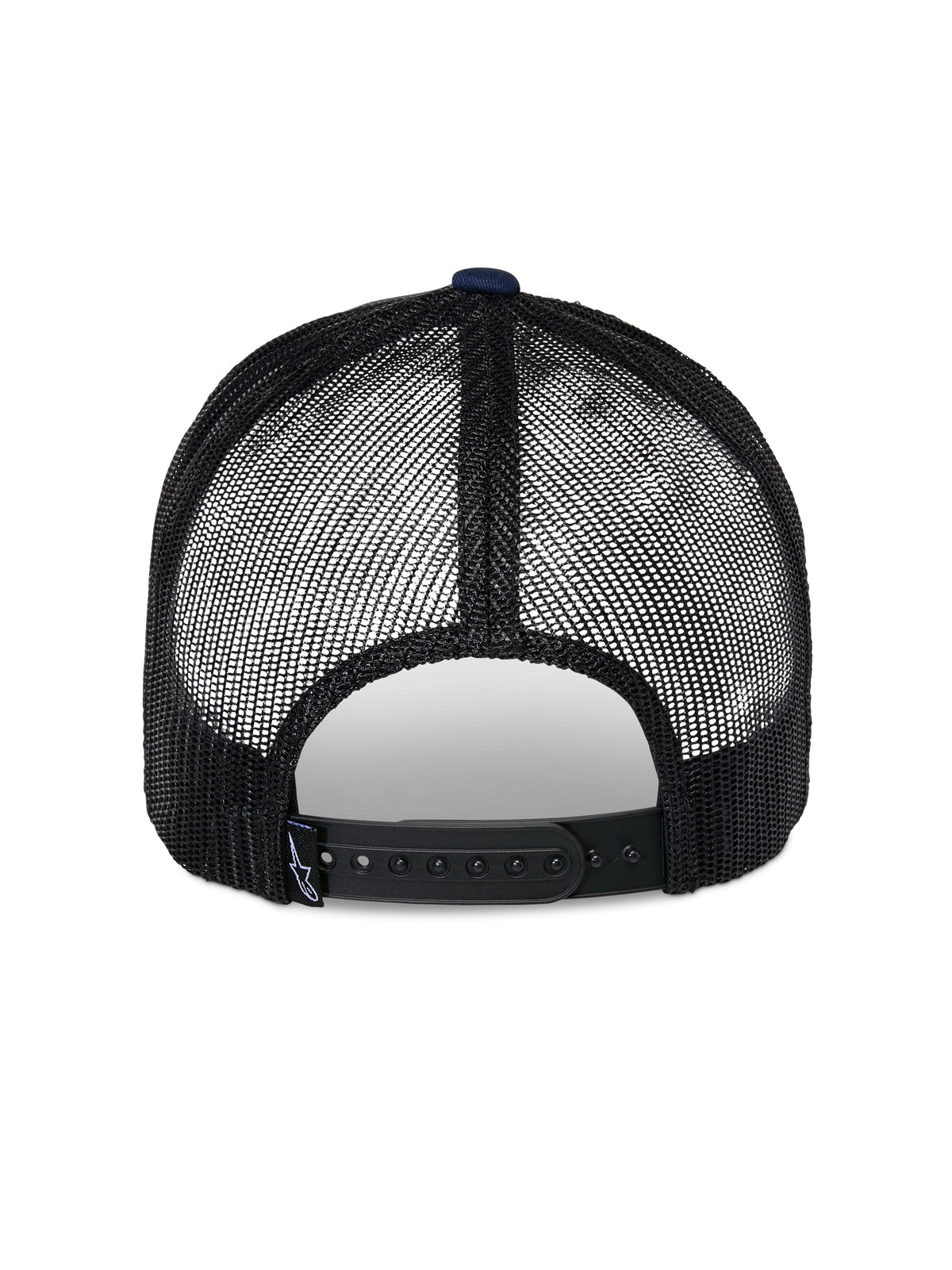 Alpinestars Reflect Ageless Trucker Hat, back view, Navy and Black, featuring breathable black mesh panels and an adjustable snapback closure, casual motorsport headwear