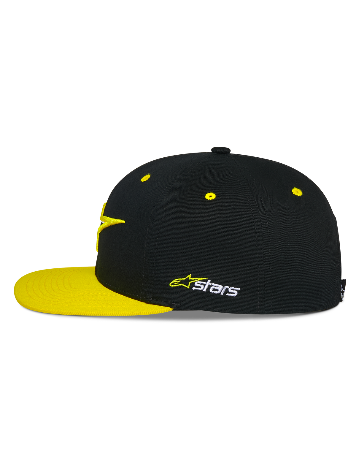 Czapka Alpinestars Thickness Snapback, czarno-żółta (Hi-Vis Yellow), profil boczny, usztywniona korona z żółtymi wywietrznikami i płaskim żółtym daszkiem, haftowane logo Astars z boku, codzienne nakrycie głowy w stylu motorsportowym