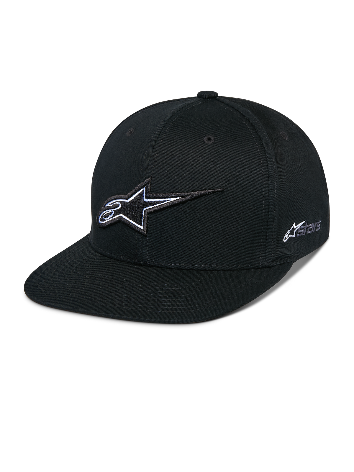 Alpinestars Thickness Snapback Hat, czarna czapka z płaskim daszkiem, białe i szare haftowane logo gwiazdy 3D, boczne logo Astars, usztywniona konstrukcja z otworami wentylacyjnymi, codzienne nakrycie głowy w stylu motorsportowym