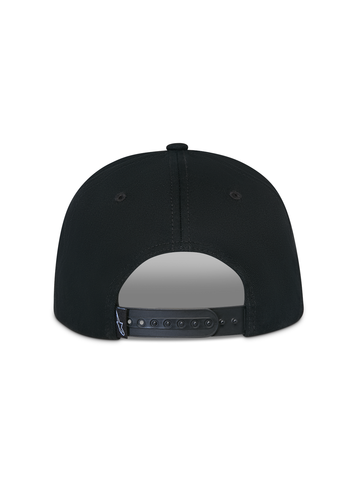 Alpinestars Thickness Snapback Hat, czarna, widok z tyłu pokazujący regulowane zapięcie typu snapback, czarny plastikowy pasek z małą białą metką z logo Astars, usztywniona korona z bawełnianego kepru, odzież sportowa