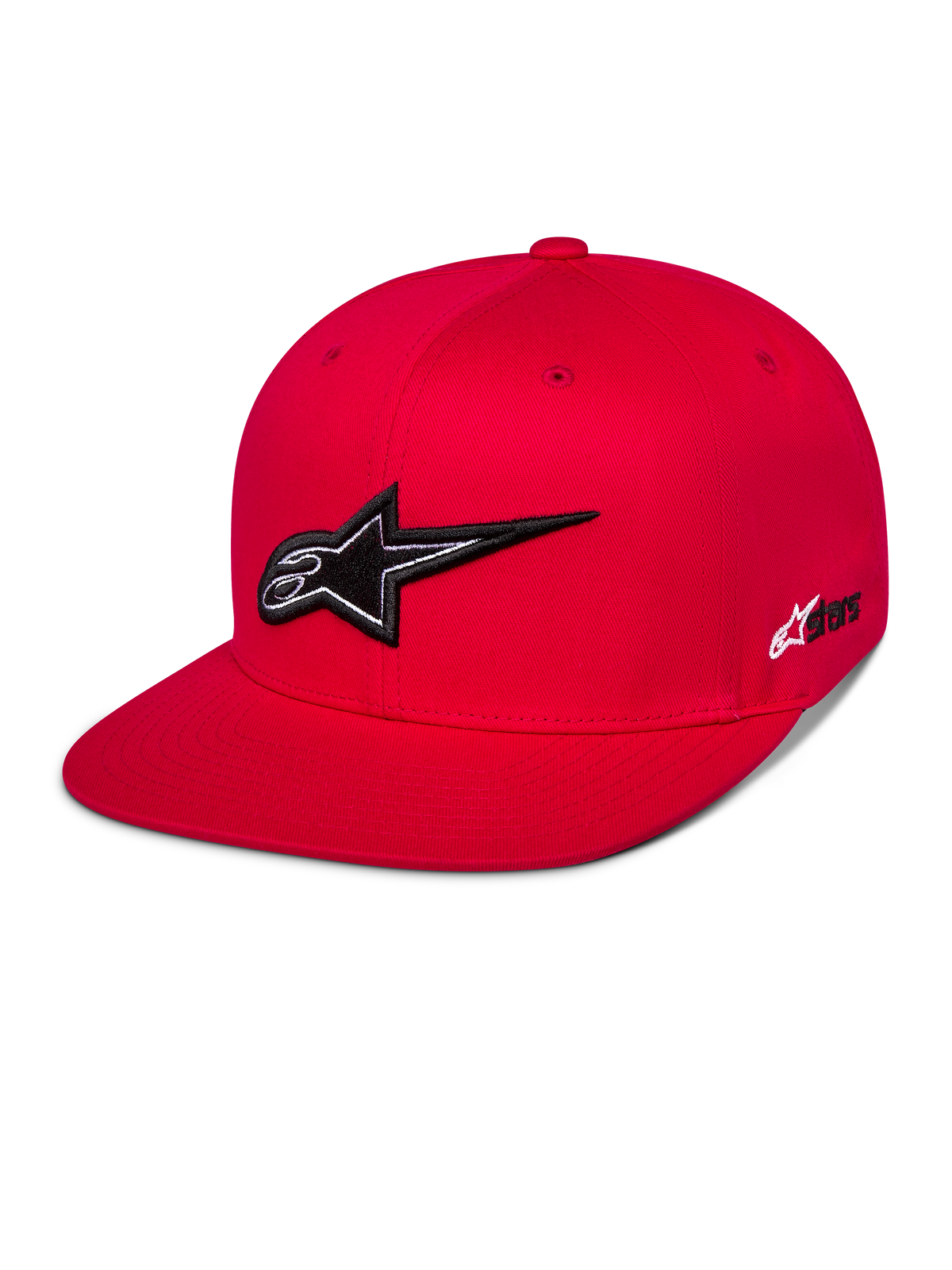 Alpinestars Thickness Snapback Hat, Red Baseball Cap with Flat Brim, prominent Black and White 3D Embroidered Astars Logo, Structured Crown with matching Red Eyelets, Casual Motorsport Streetwear
