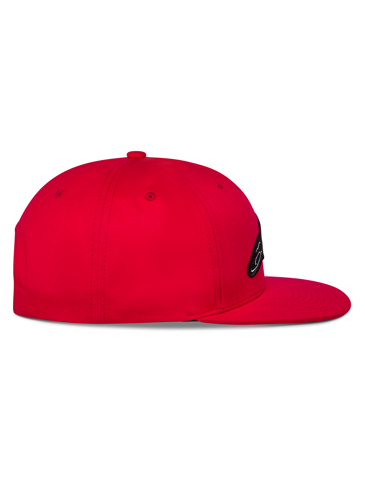 Alpinestars Thickness Snapback Hat, Red, side view showing the flat bill and structured crown, embroidered logo on the front, casual motorsport-inspired headwear