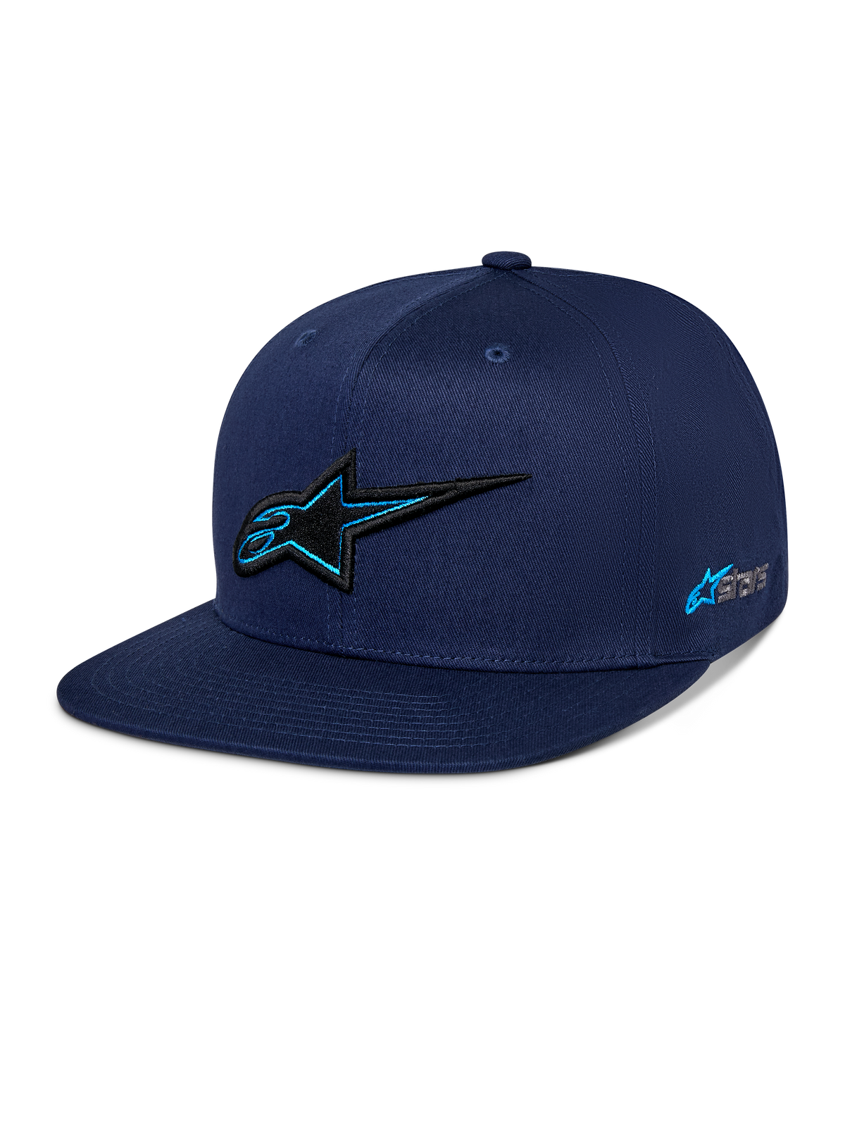 Alpinestars Thickness Snapback Hat, Navy Blue, structured crown with a flat bill, 3D black embroidered Astars logo with light blue outline, side logo embroidery, casual motorsport-inspired streetwear.