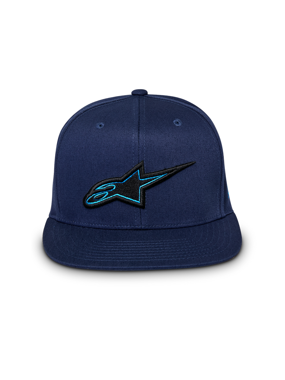 Alpinestars Thickness Snapback Hat, Navy Blue Cap, Front View, 3D Embroidered Black and Blue Astars Logo, Flat Bill, Casual Motorsport Streetwear