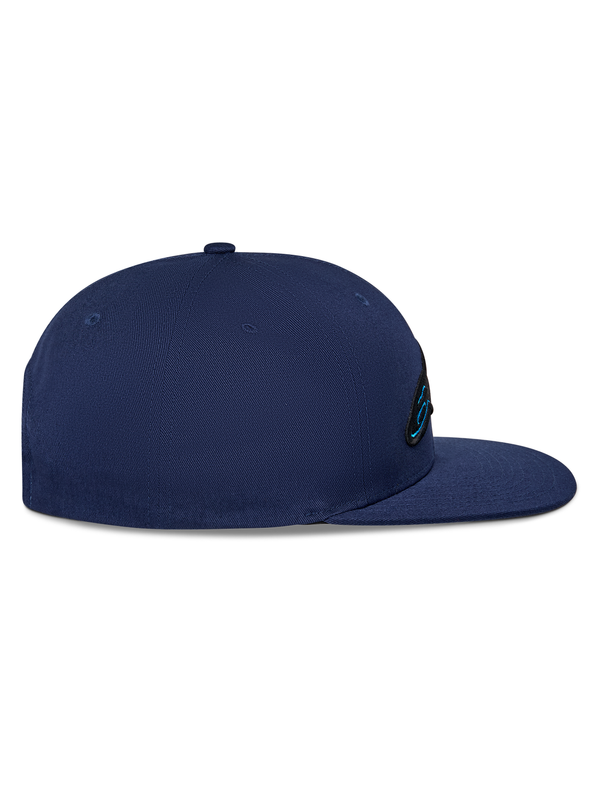 Alpinestars Thickness Snapback Hat, Navy Blue cap, side profile view, structured crown with flat bill, cotton twill fabric, embroidered logo detail on the front, casual motorsport headwear