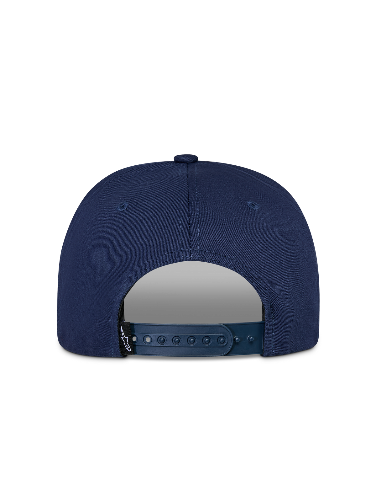 Alpinestars Thickness Snapback Hat, Navy Blue, Rear view featuring adjustable snapback closure and small black Astars logo tag, structured cotton twill construction
