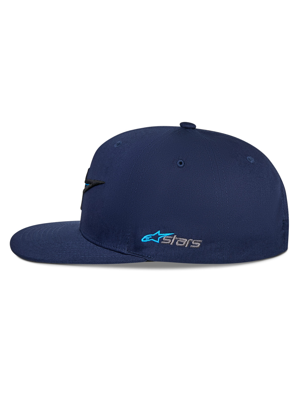 Alpinestars Thickness Snapback Hat, Navy Blue, side profile view, flat bill with structured crown, embroidered Astars side logo in light blue and grey, casual motorsport streetwear