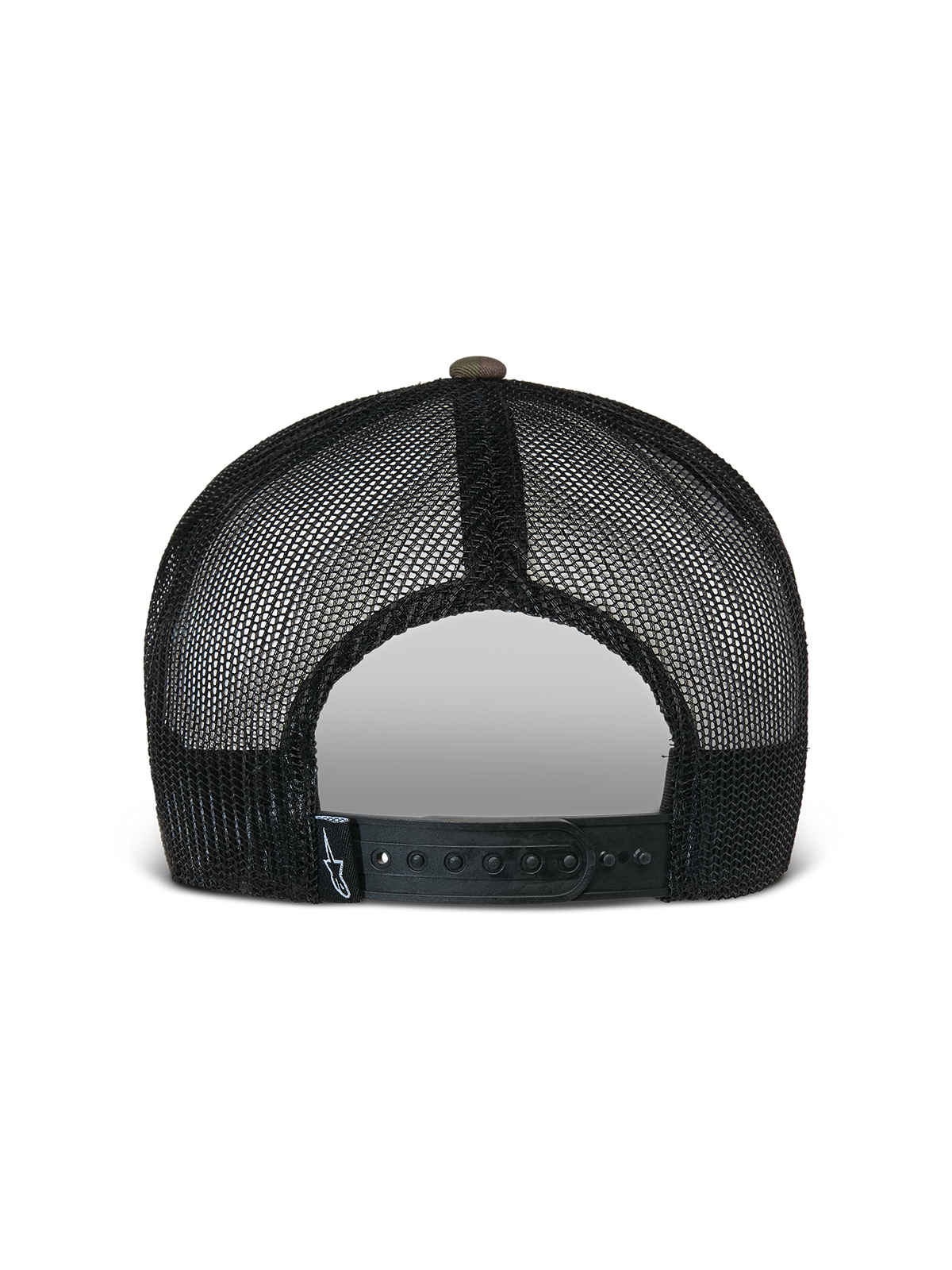 Alpinestars Flag Flat Trucker Hat, zielony kamuflaż i czarny, widok z tyłu z oddychającymi czarnymi panelami z siatki i regulowanym zapięciem typu snapback z małą metką z logo, codzienne nakrycie głowy inspirowane sportami motorowymi