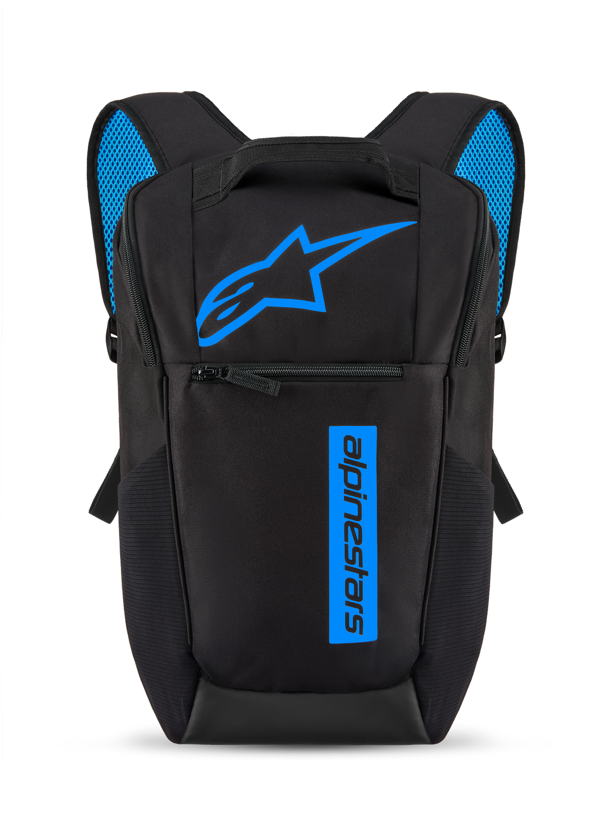 Plecak Alpinestars Defcon V3, czarno-niebieski, mały plecak codzienny z jasnoniebieskim logo Astars i pionowym brandingiem, przednia kieszeń na zamek, wyściełane paski na ramiona z niebieską siatką powietrzną, wytrzymały materiał poliester 600D