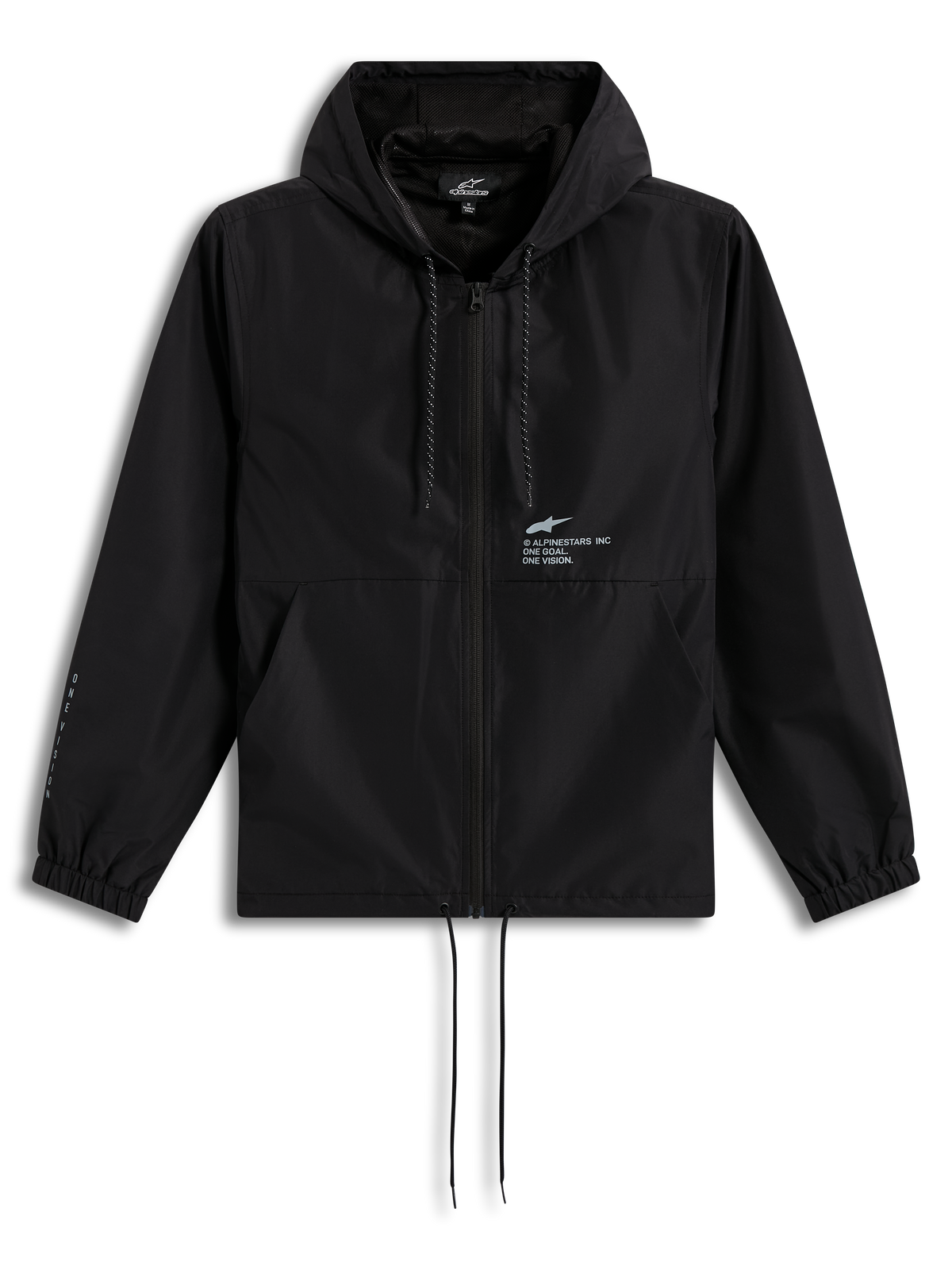 Alpinestars Speeder Resolve Windbreaker Kurtka, czarna lekka kurtka z kapturem, z zamkiem i logo na klatce piersiowej.