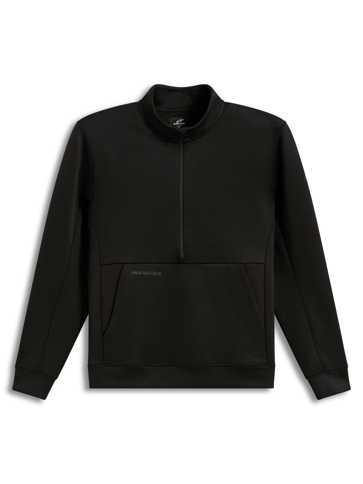 Alpinestars Apera Half-Zip Sweatshirt, czarna bluza polarowa z półzamkiem, kieszeń kangurka, tonalne logo, odzież sportowa.