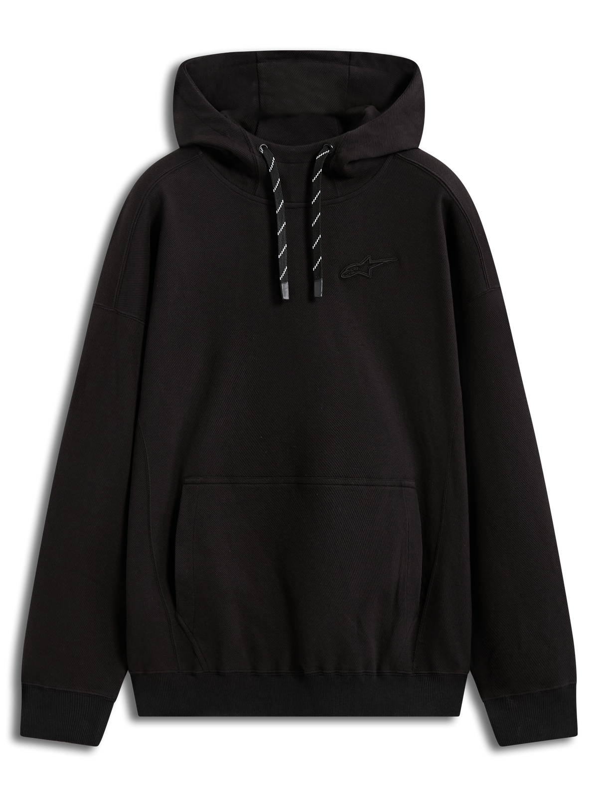 Alpinestars Camino Textured Oversized Hoodie, czarna bluza z kapturem, teksturowana dzianina, logo 3D i kieszeń kangurka.