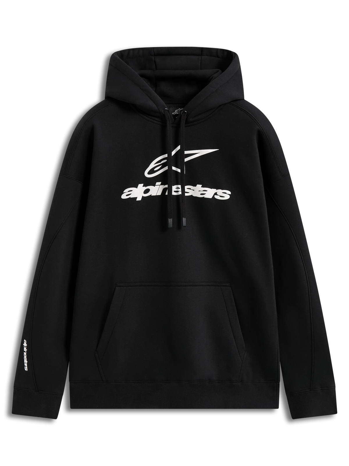 Alpinestars Prelude Oversized Hoodie, czarna bluza sportowa z kapturem, białe wypukłe logo i kieszeń kangurka.