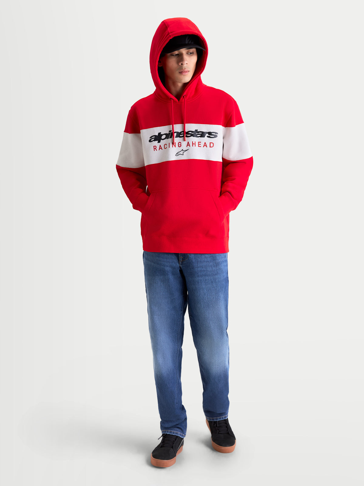 Alpinestars Cubic Hoodie, Sportswear Pullover Fleece for Men and Women, Red and White, features a color-blocked body with Alpinestars Racing Ahead logo, self-lined hood, and ribbed cuffs for a casual motorsport-inspired look.