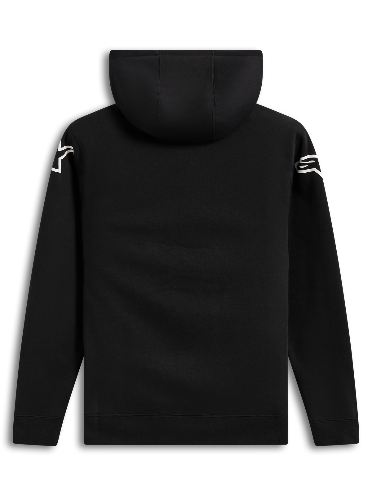 Alpinestars Velocifier Hoodie, czarna casualowa bluza z kapturem, widok z tyłu z białymi logotypami na ramionach.