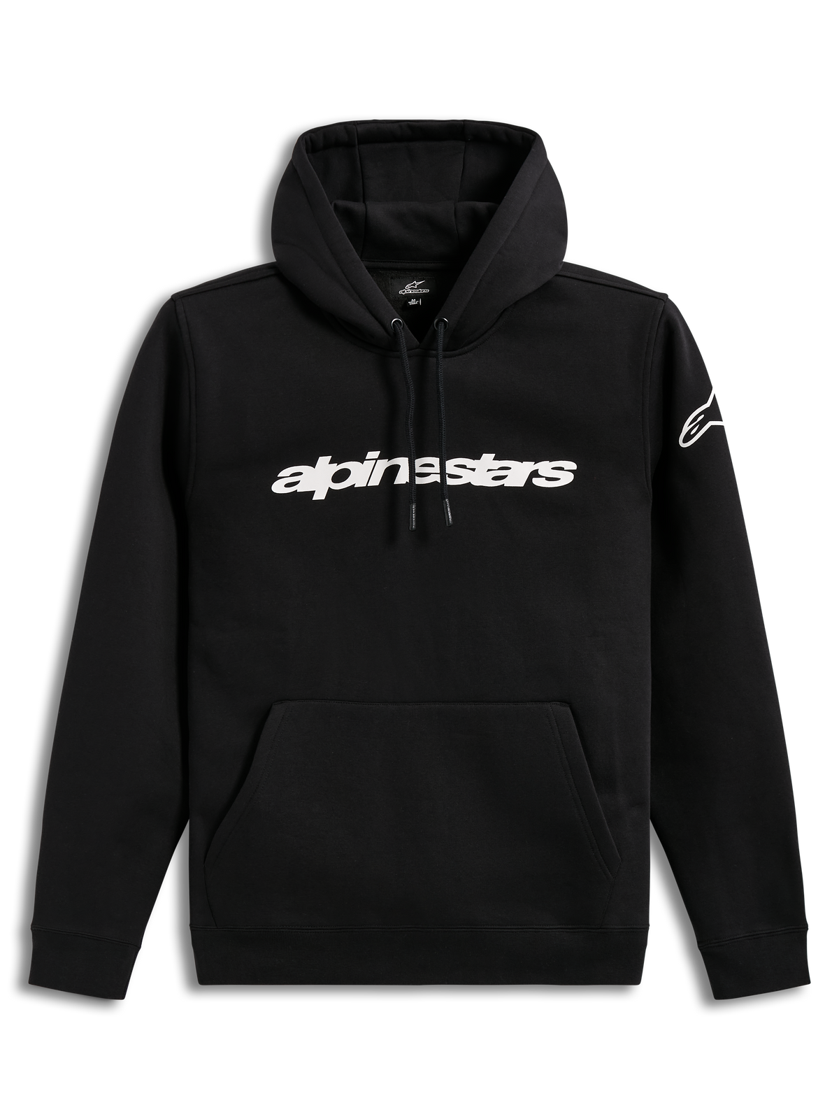 Alpinestars Race Wordmark Hoodie, czarna i biała bluza polarowa z kapturem, logotyp na piersi i logo na rękawie.