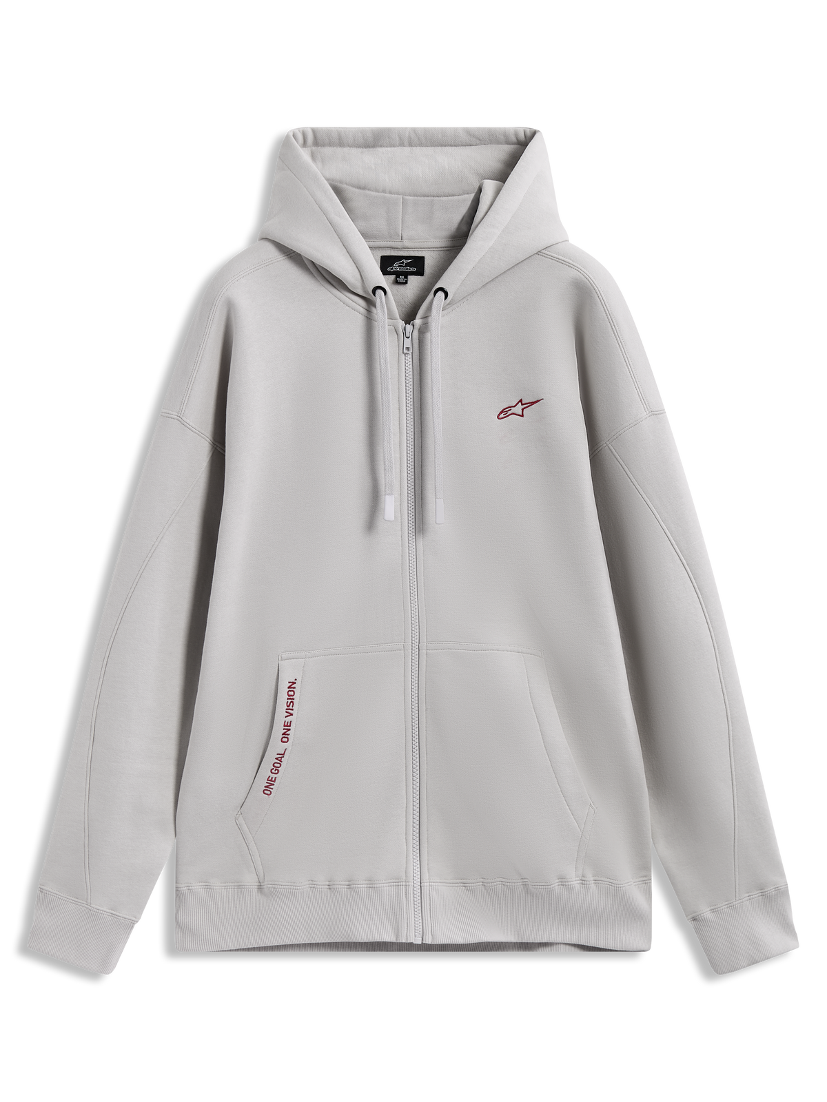 Alpinestars Pioneer Oversized Hoodie, szara rozpinana bluza z kapturem, czerwone logo i napis na kieszeni kangurce.