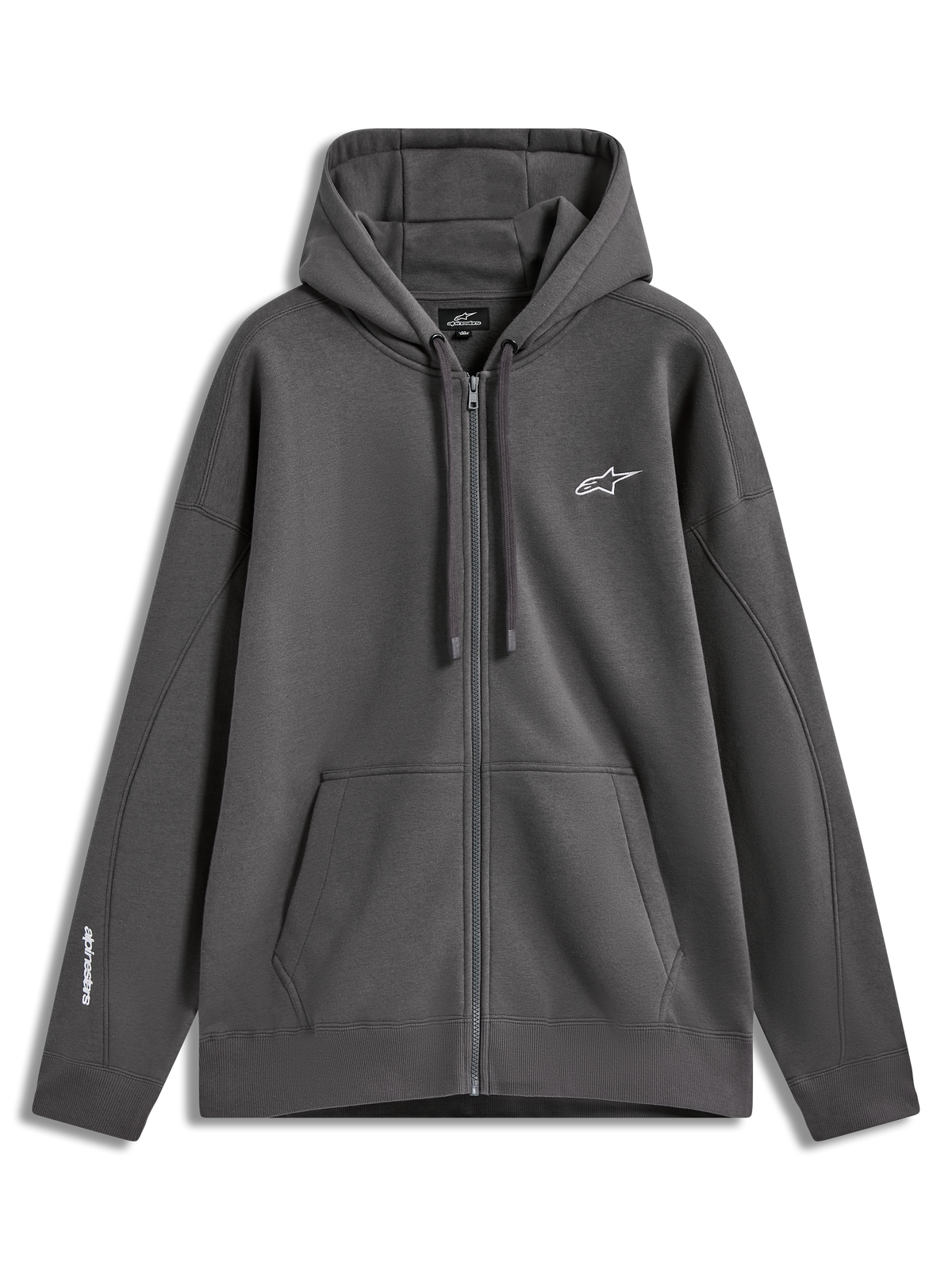 Alpinestars Entity Oversized Hoodie, ciemnoszara bluza z kapturem na zamek, polarowa odzież sportowa z białym haftowanym logo i kieszenią kangurką.