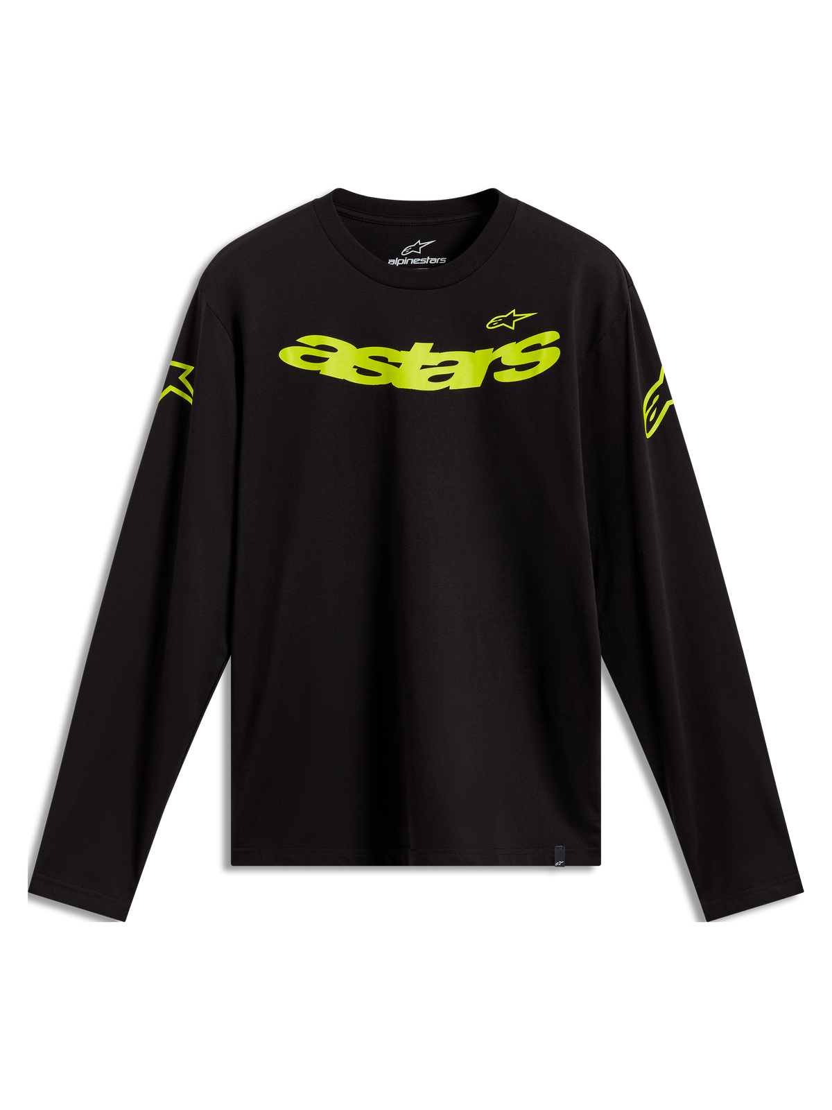Alpinestars Velocifier CSF Tee, czarna koszulka z długim rękawem, jaskrawożółte logo Astars na piersi i ramionach.