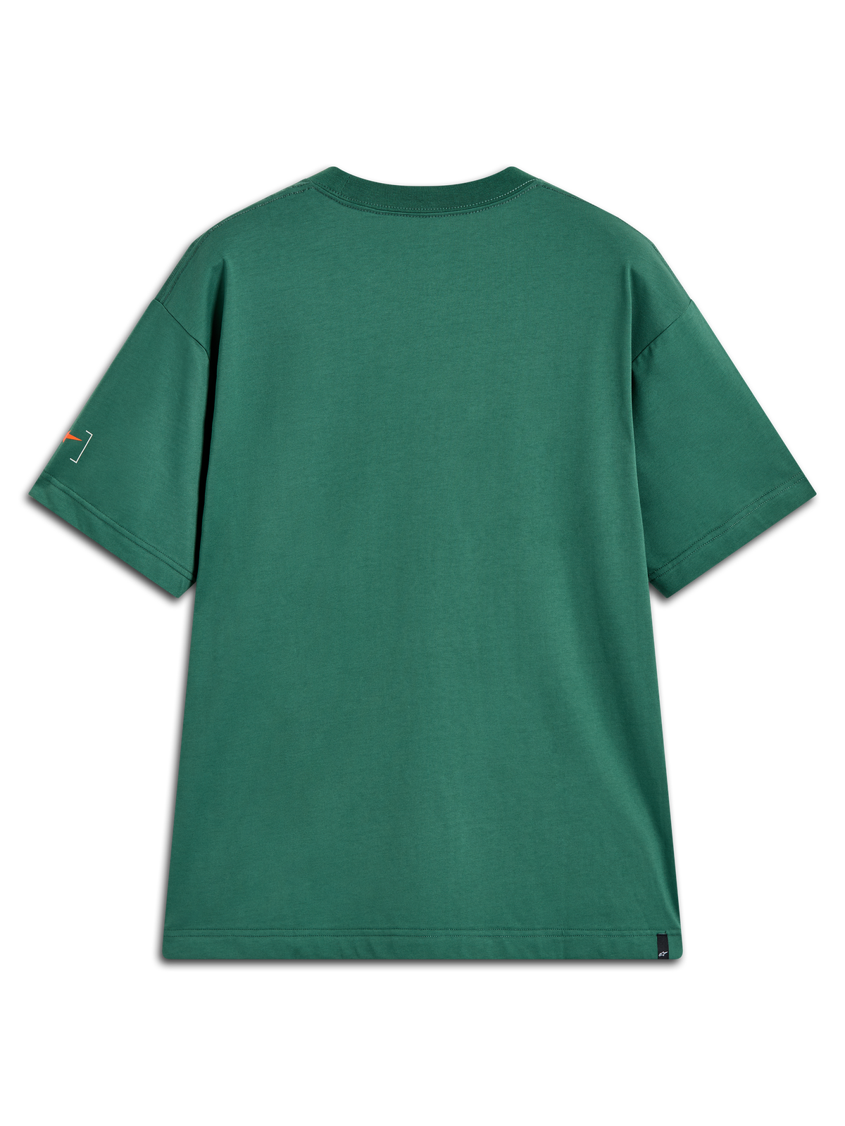 Alpinestars Infinity Oversized CSF Tee, zielona koszulka z krótkim rękawem, tył z pomarańczową grafiką, odzież sportowa.