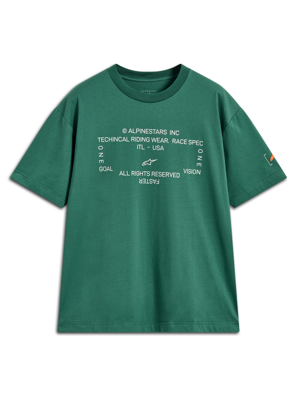 Alpinestars Infinity Oversized CSF Tee, zielona koszulka z krótkim rękawem, biała grafika techniczna z przodu i logo Astars na rękawie.