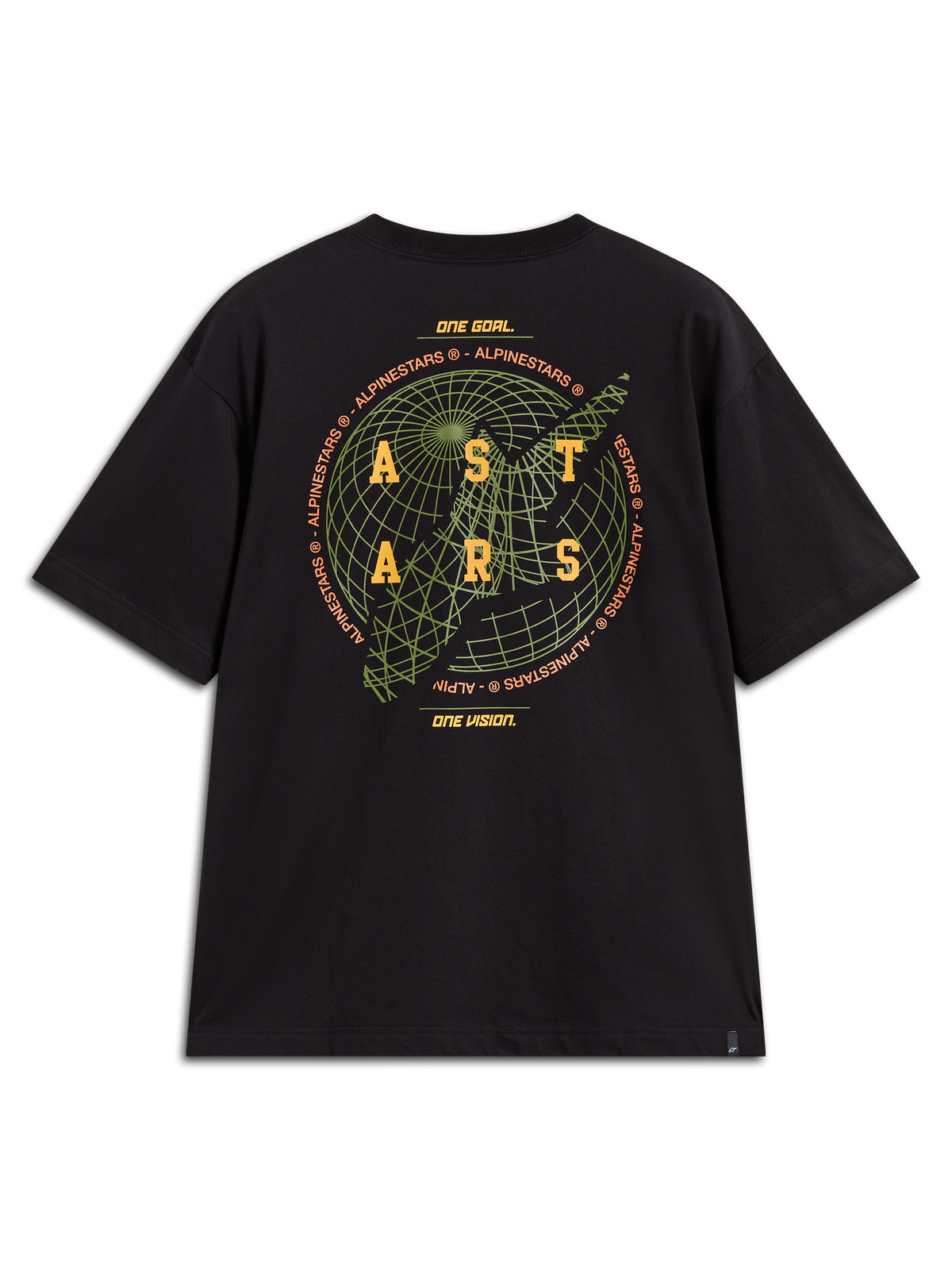 Alpinestars Latitude Oversized CSF Tee, czarna koszulka z krótkim rękawem, zielona grafika globu i żółte logo ASTARS na plecach, hasło One Goal One Vision, sportowa odzież codzienna