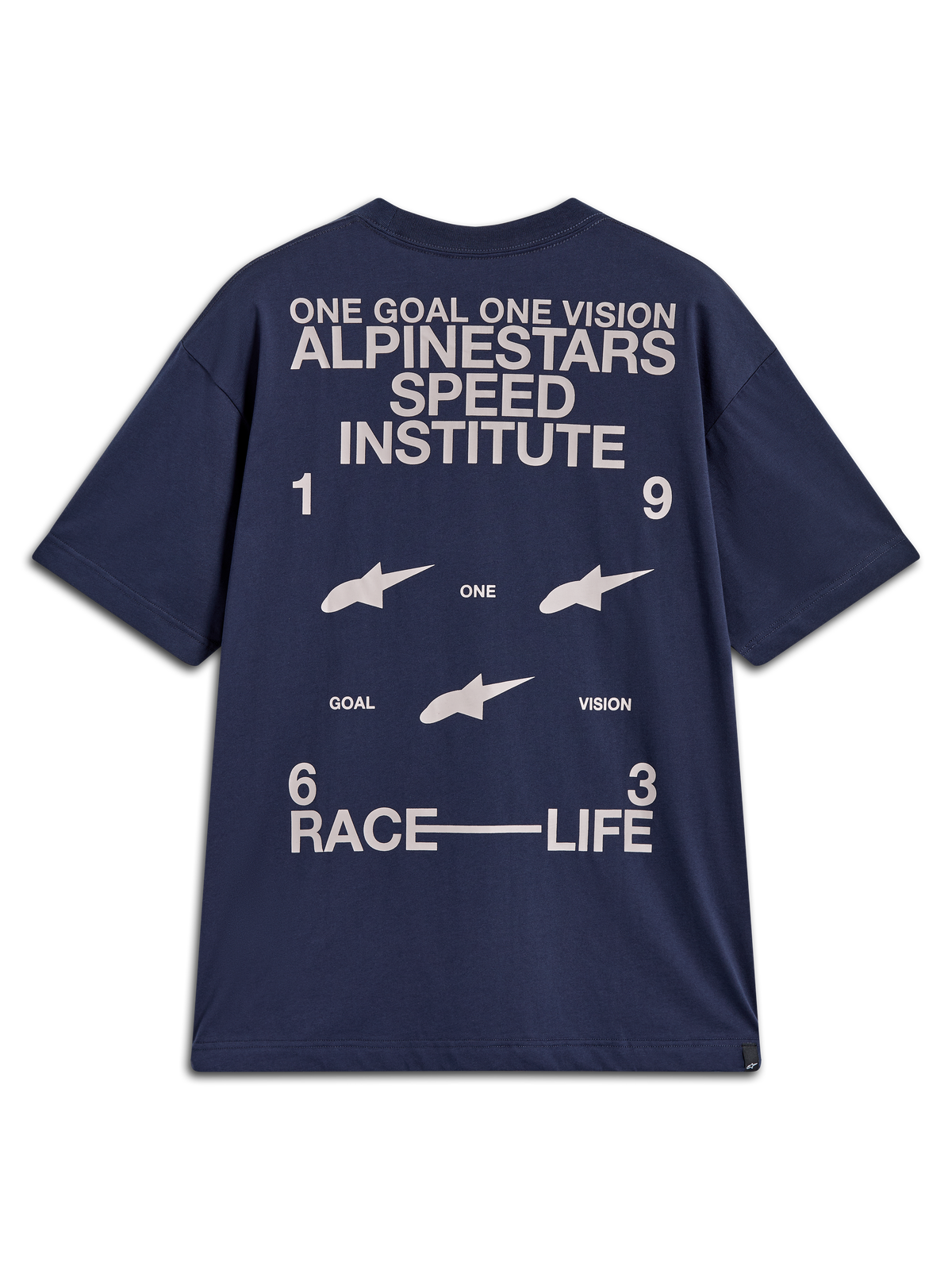 Alpinestars Institute Oversized SS CSF Tee, Navy blue short sleeve t-shirt with large white racing-inspired back graphics.