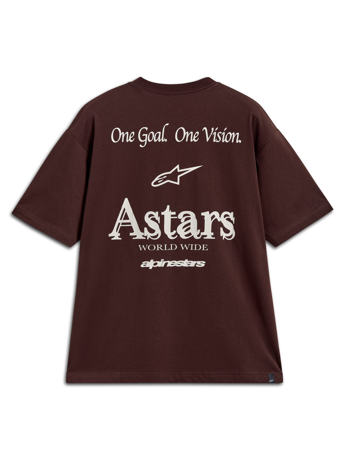 Alpinestars Post Oversized CSF Tee, dark brown short sleeve sportswear t-shirt with white Astars logo and One Goal One Vision back graphics.