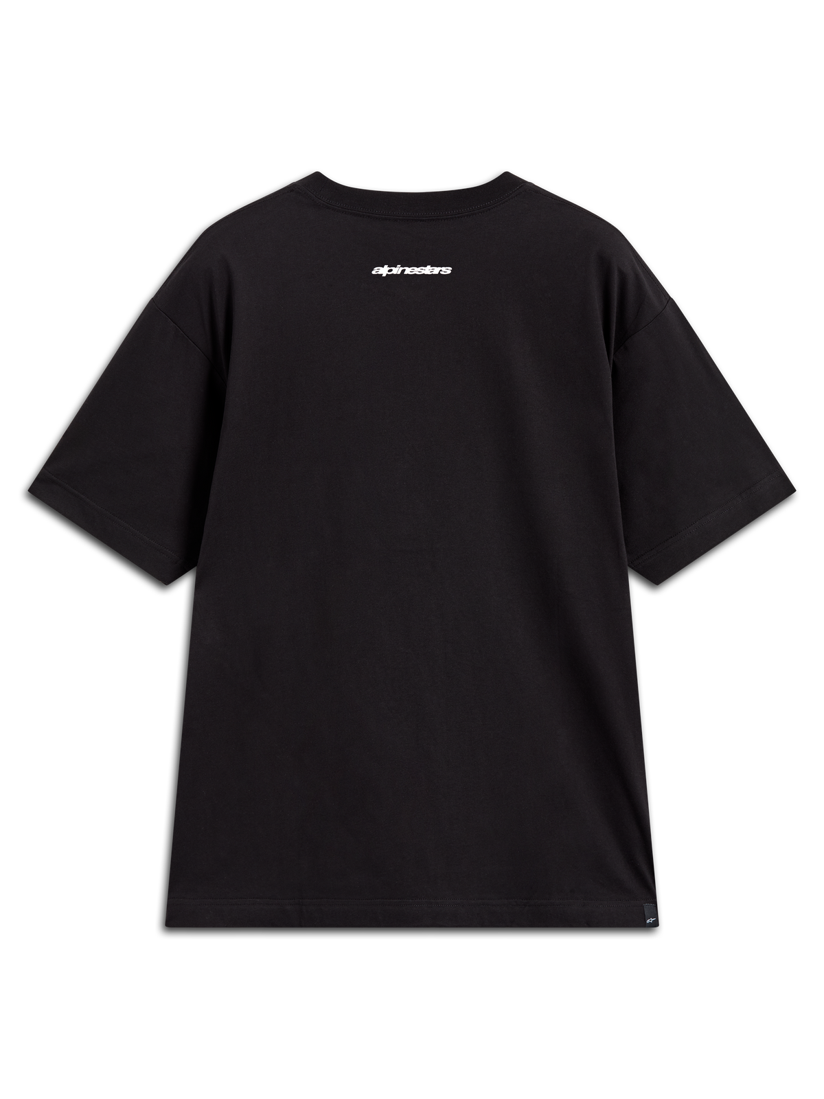 Alpinestars Mandate Oversized CSF Tee, czarna koszulka z krótkim rękawem, białe logo Alpinestars na górze pleców, sportowa odzież codzienna.