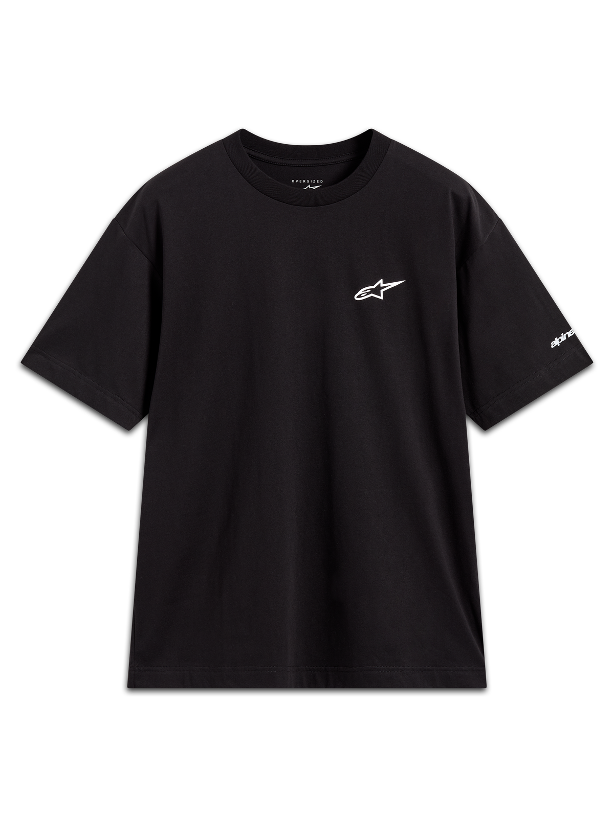 Alpinestars Mandate Oversized CSF Tee, czarna koszulka z krótkim rękawem, białe wypukłe logo i grafika na rękawie, fason oversized.
