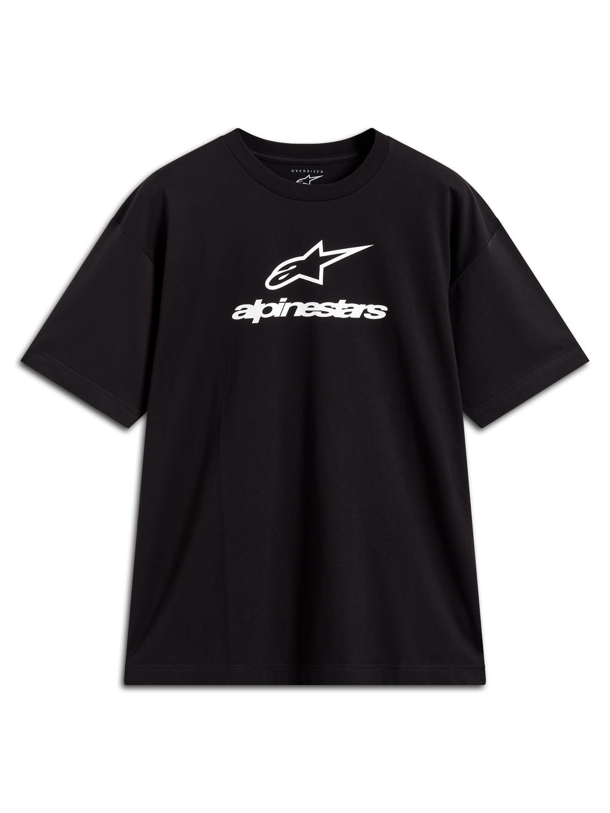 Alpinestars Prelude Oversized CSF Tee, czarna koszulka z krótkim rękawem, białe logo na piersi, sportowa odzież codzienna.