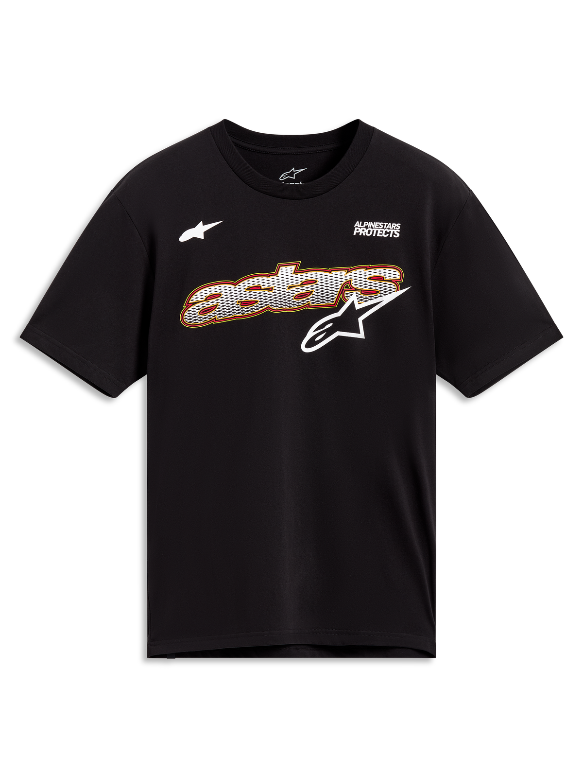 Alpinestars Cypress CSF Tee, czarna koszulka z krótkim rękawem, biała grafika Astars z wypełnieniem siatkowym, odzież sportowa.