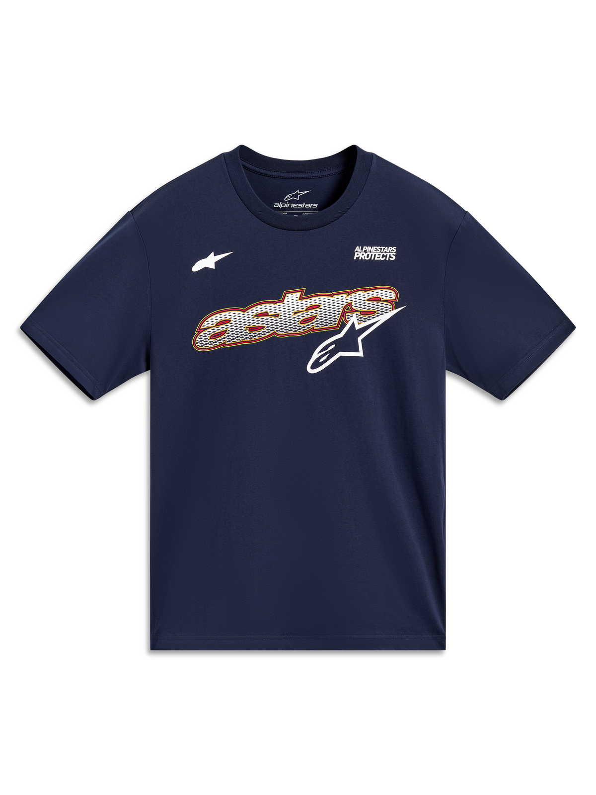 Alpinestars Cypress CSF Tee, granatowa koszulka z krótkim rękawem, grafika Astars i motto Alpinestars Protects.