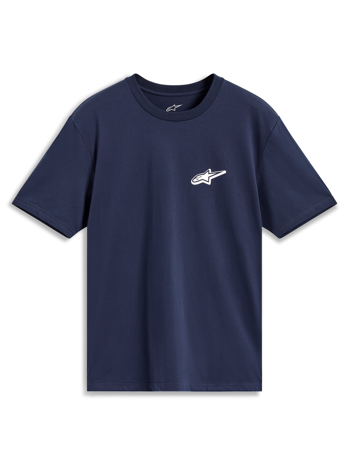 Alpinestars Meteor CSF Tee, granatowa koszulka z krótkim rękawem, małe białe logo Astars na piersi, casualowa odzież sportowa.