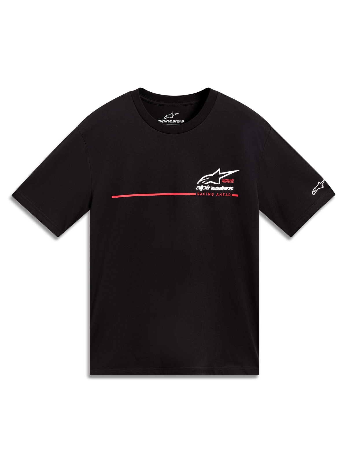 Alpinestars P1 CSF Tee, czarna koszulka z krótkim rękawem, białe logo Astars i czerwona grafika w paski wyścigowe.