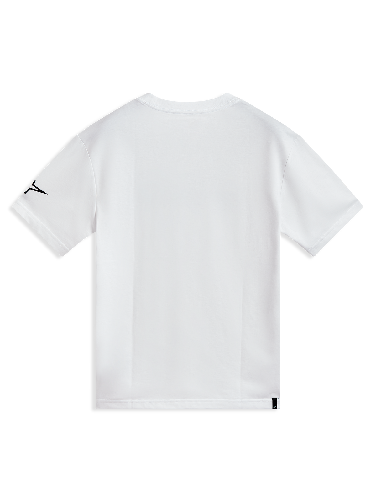 Alpinestars P1 CSF Tee, biała koszulka z krótkim rękawem, miękka bawełna, widok z tyłu z czarnym logo na rękawie i metką.