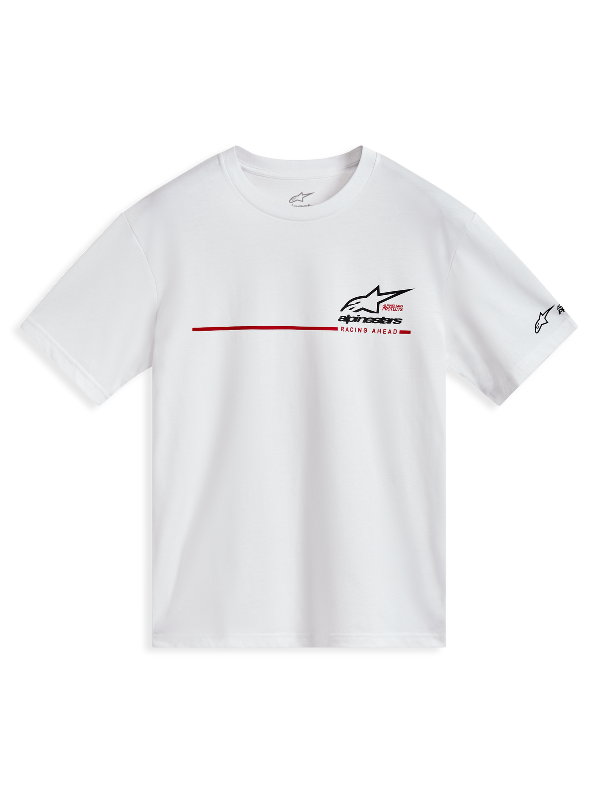 Alpinestars P1 CSF Tee, biała koszulka z krótkim rękawem, czerwony pasek wyścigowy i czarne logo, motorsportowa odzież codzienna.