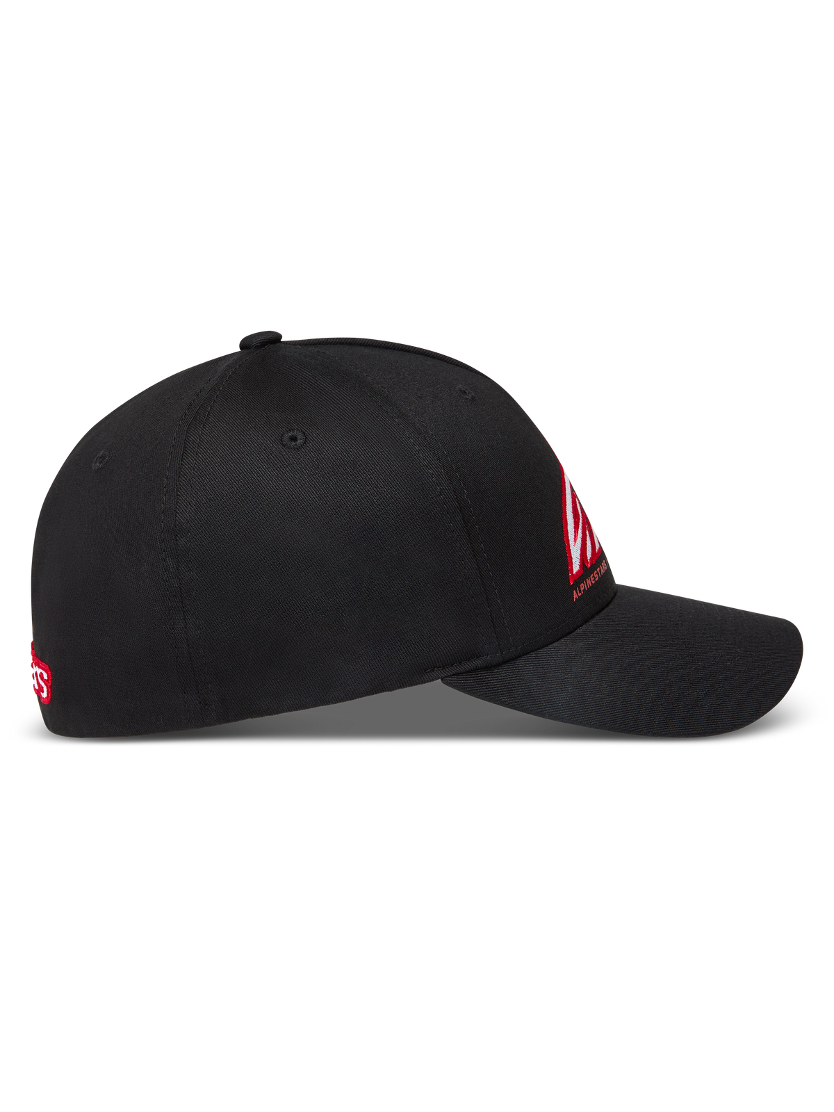 Alpinestars Lineout Hat, Black Curved Bill Sportswear Cap, Structured Crown, Red and White Logo Embroidery, Twill Fabric.
