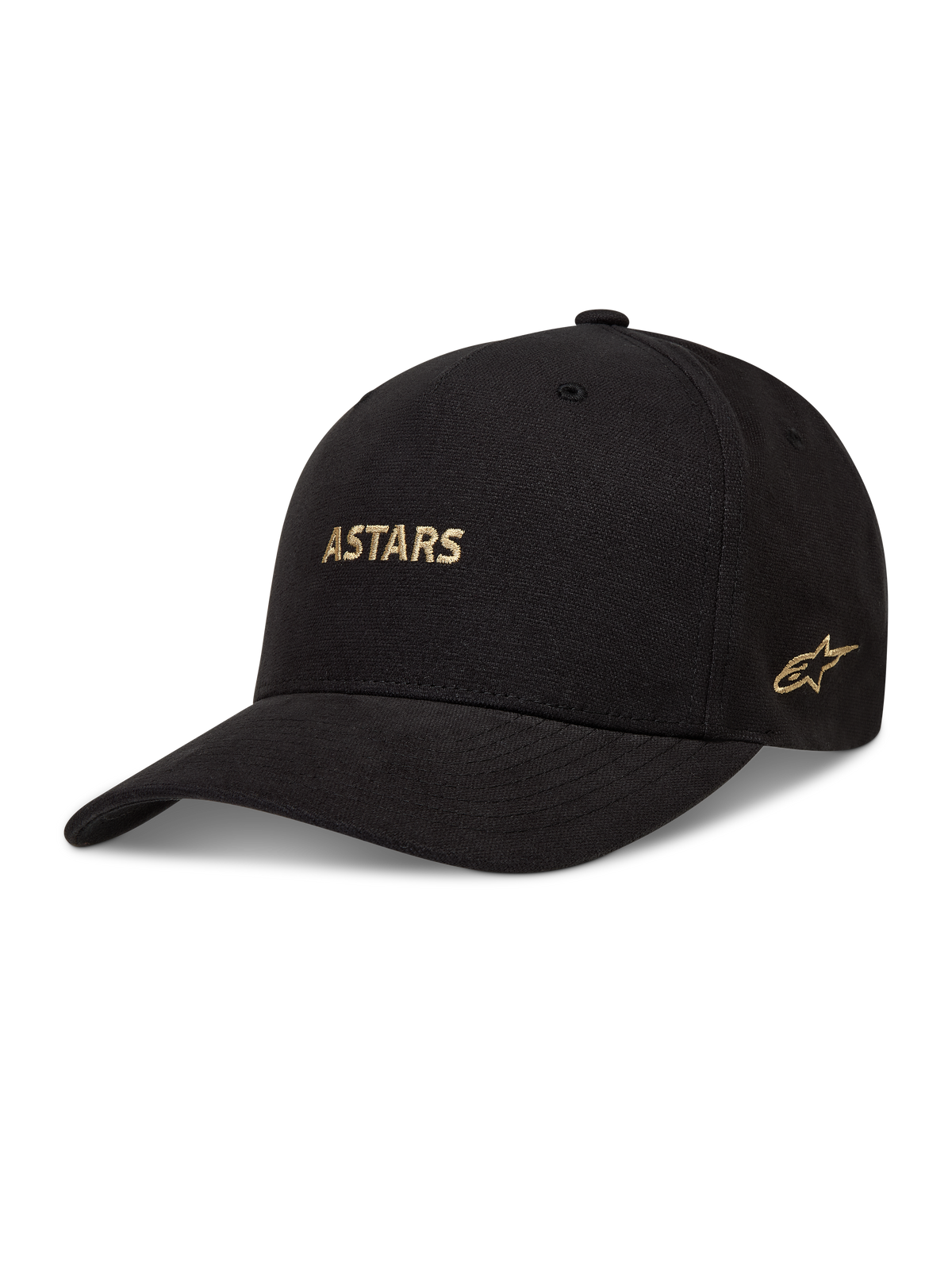 Alpinestars County Canvas Hat, czarna czapka z usztywnioną koroną, zakrzywionym daszkiem i złotym haftowanym logo Astars.