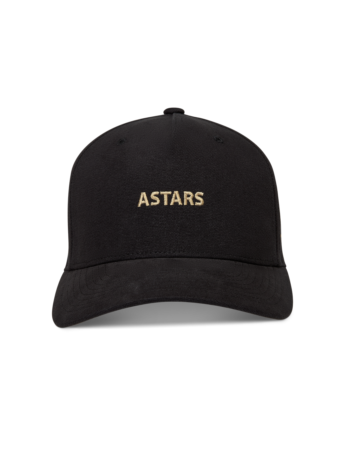 Alpinestars County Canvas, czarna czapka z daszkiem, złote haftowane logo ASTARS, usztywniona korona i zakrzywiony daszek.
