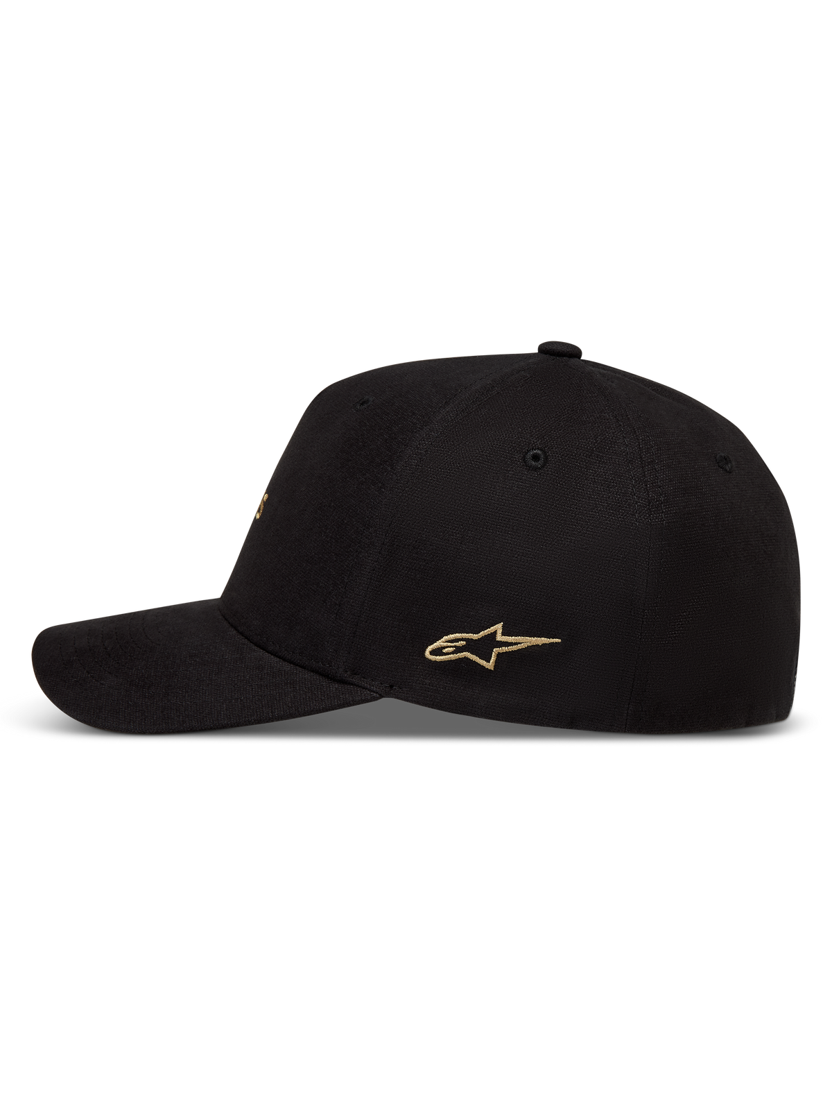 Alpinestars County Canvas Hat, czarna sportowa czapka z daszkiem, złote logo gwiazdy, zakrzywiony daszek, usztywniona korona.