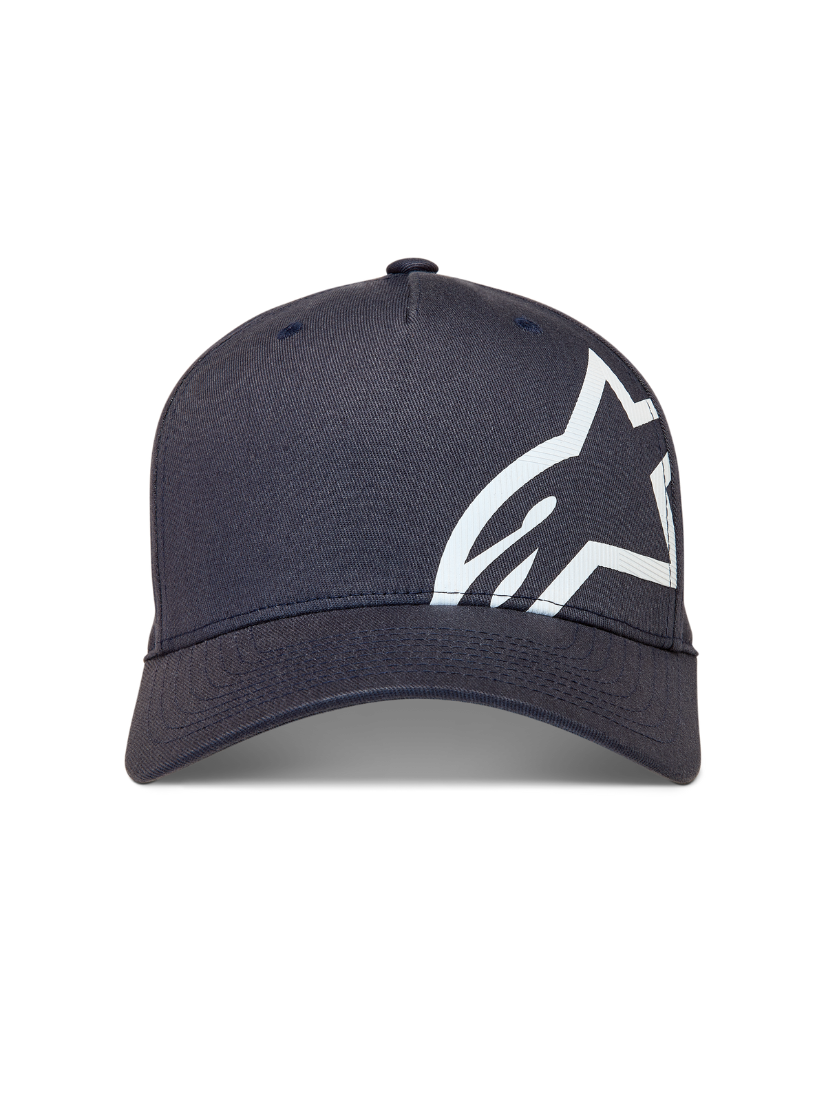 Alpinestars Maze Hat, ciemnoszara czapka z daszkiem z dużym białym teksturowanym logo Astars, styl sportswear.