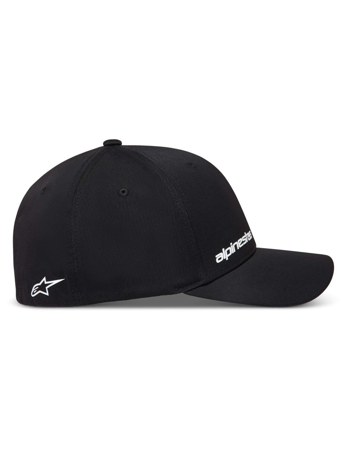 Alpinestars Points Hat, czarna czapka z daszkiem sportswear, tkanina nylon tactel, elastyczny tył, białe logo HD.