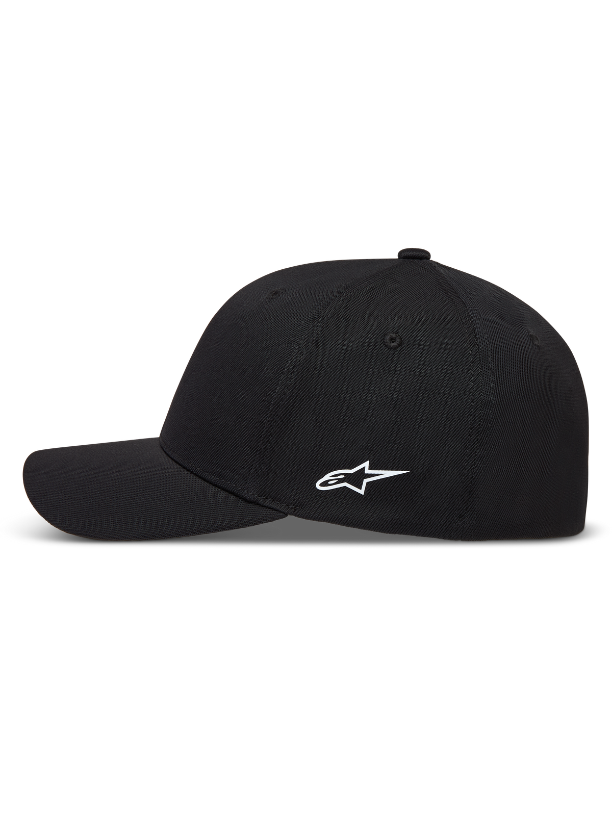 Alpinestars Points Kapelusz, czarna czapka z daszkiem, białe logo Astars z boku, wygięty daszek, materiał nylon tactel