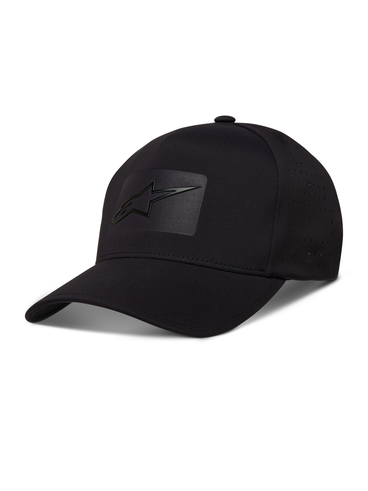 Alpinestars Algo Perf Adjustable Hat, czarna czapka z daszkiem z tkaniny technicznej, boczne perforacje i logo sonic weld.