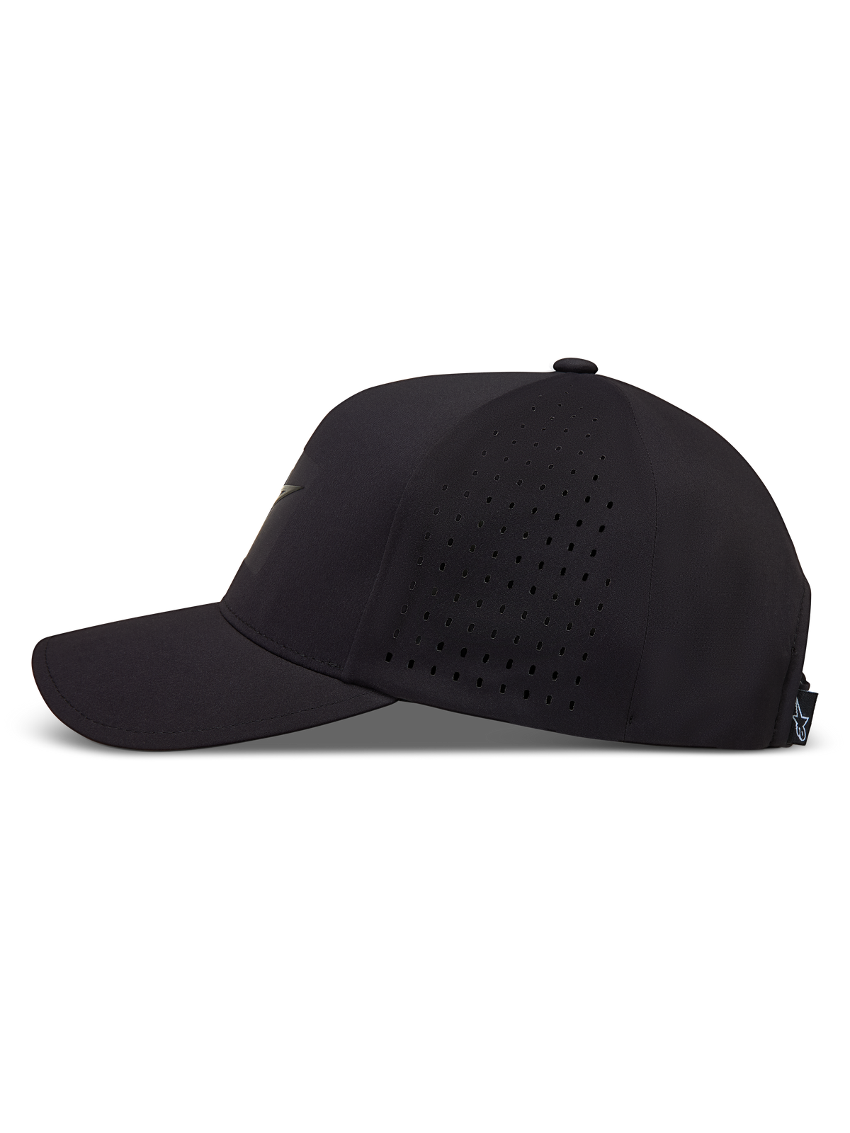 Alpinestars Algo Perf Adjustable, czarna czapka z daszkiem, boczna perforacja zapewniająca oddychalność, zakrzywiony daszek, techniczny materiał.