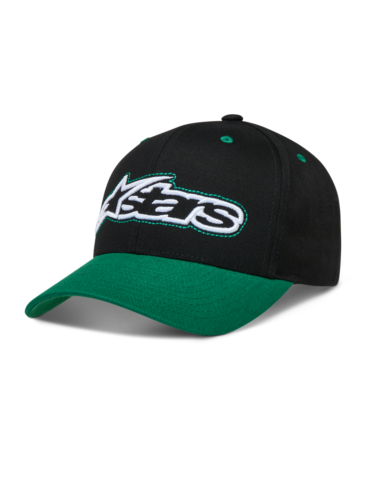 Alpinestars Retro Snapback, czarna i zielona czapka z daszkiem, zakrzywiony daszek, usztywniona korona i haftowane logo Astars