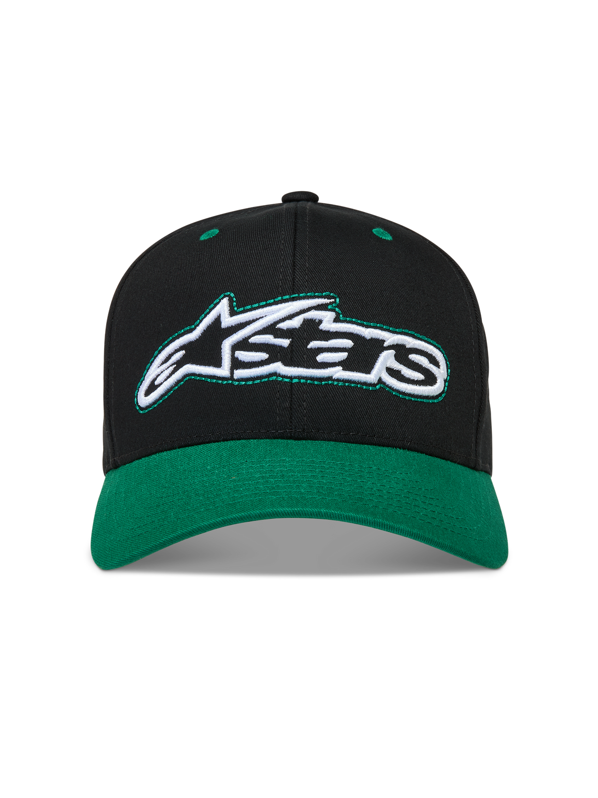 Alpinestars Retro Snapback Kapelusz, czapka z daszkiem sportswear, czarna i zielona, bawełniany keper, zakrzywiony daszek i haftowane logo Astars.