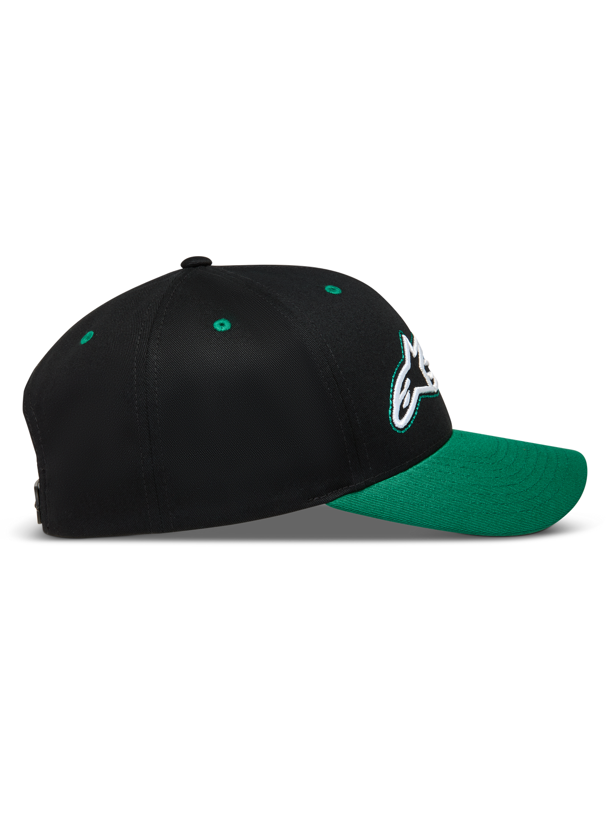 Alpinestars Retro Snapback, sportowa czapka z daszkiem, czarno-zielona, zakrzywiony daszek, usztywniona korona z logo Astars.