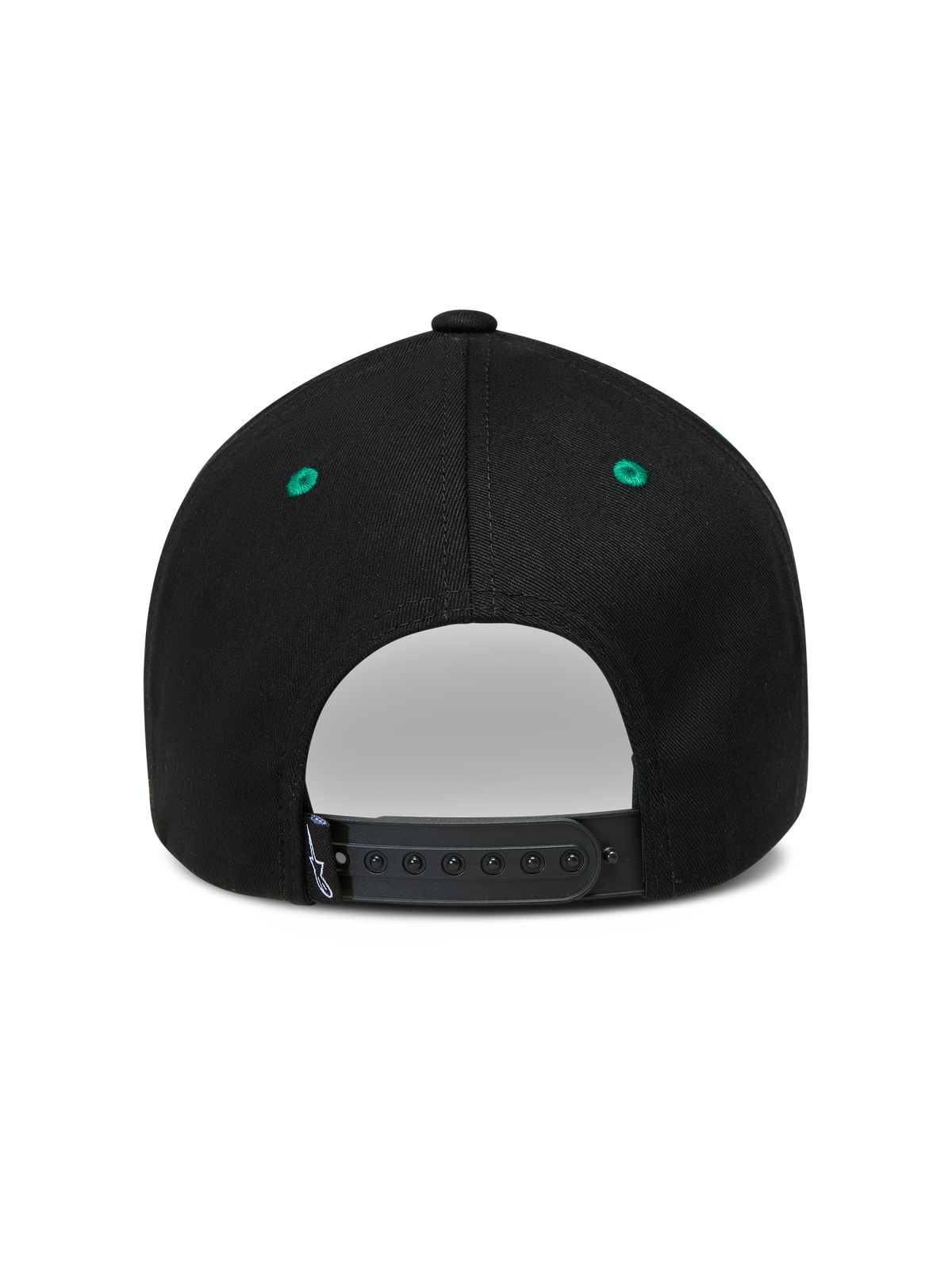 Alpinestars Retro Snapback, czarna czapka z daszkiem, regulowane zapięcie snapback, zielone detale, widok z tyłu